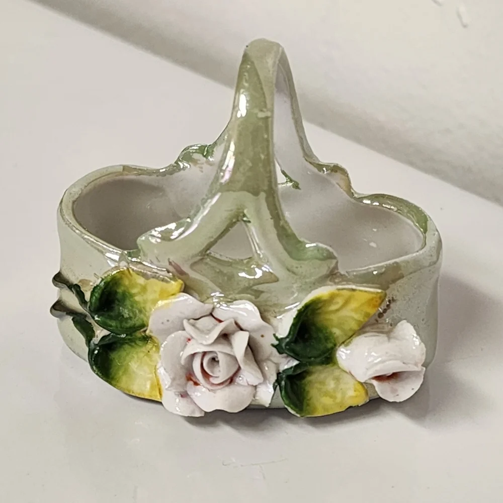 Vtg German Elfinware Porcelain Lusterware Green Miniature Rose Floral Basket